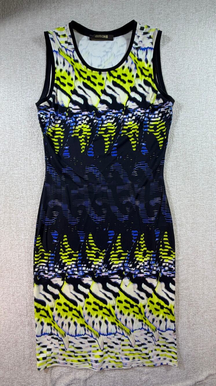 Roberto Cavalli Women 6 Black Yellow Optical Print Tank Dress Designer Fit